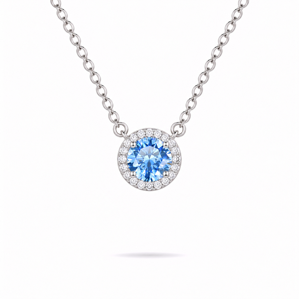 sterling silver 0.5ct Moissanite Blue Halo Necklace