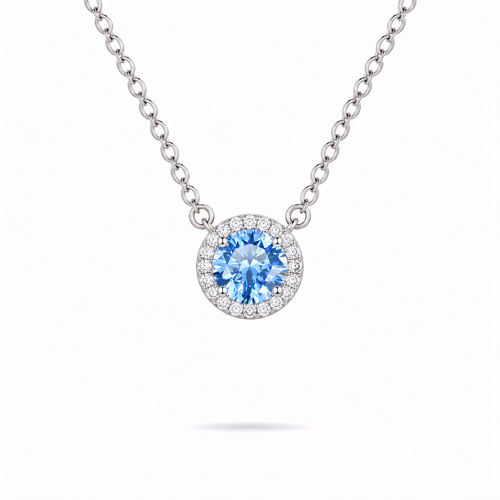 sterling silver 0.5ct Moissanite Blue Halo Necklace