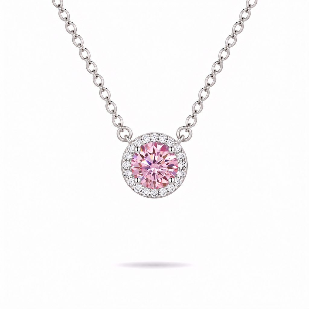 0.5ct Pink Moissanite Halo Necklace in Sterling Silver by Knightley