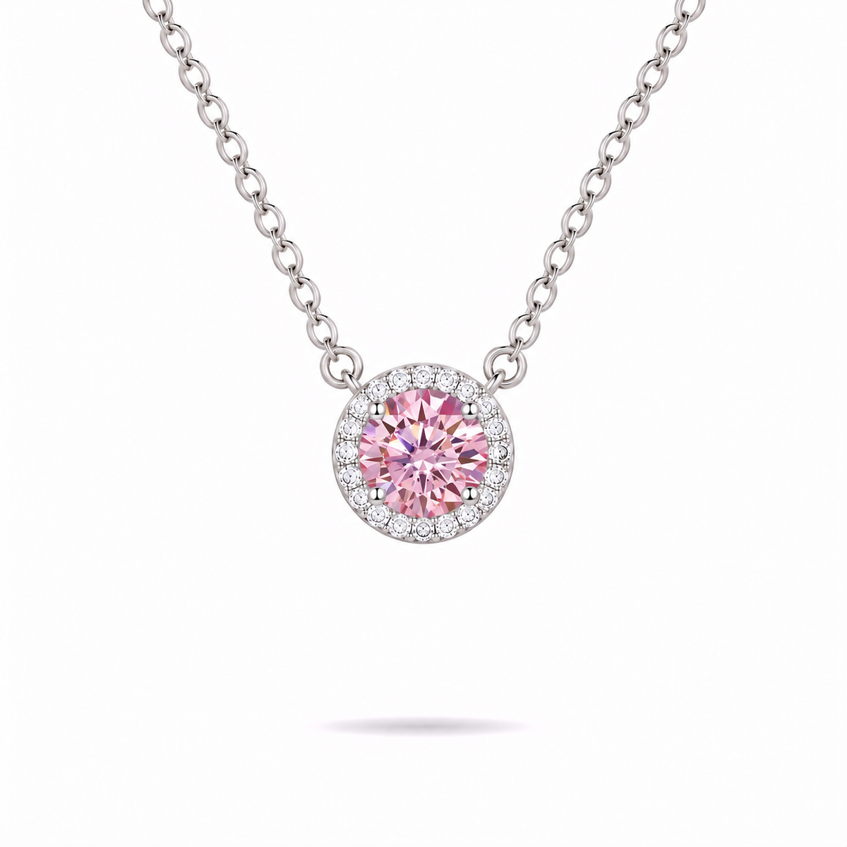 0.5ct Pink Moissanite Halo Necklace in Sterling Silver by Knightley
