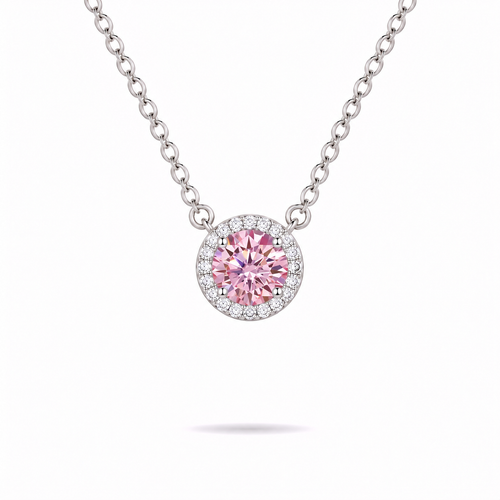 0.5ct Pink Moissanite Halo Necklace in Sterling Silver by Knightley