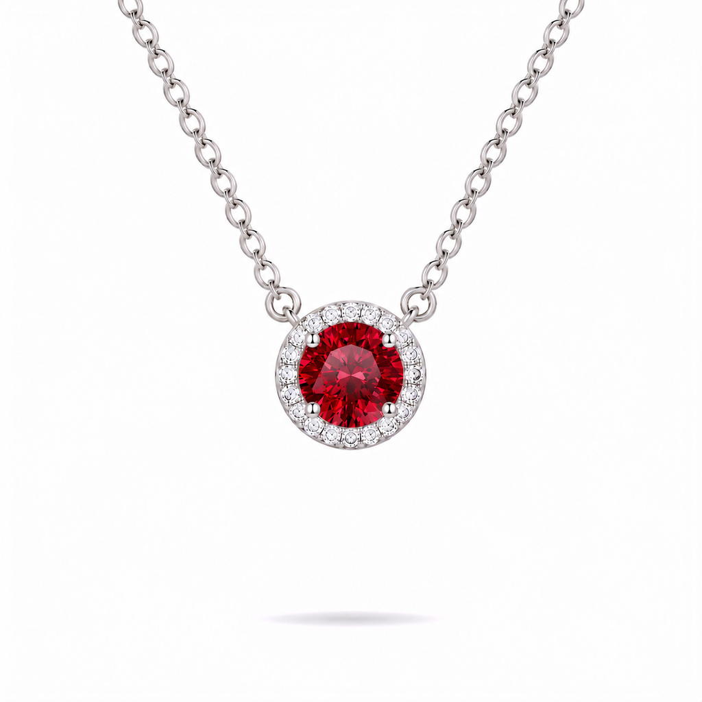 0.5ct Red Moissanite Halo Necklace in Sterling Silver by Knightley