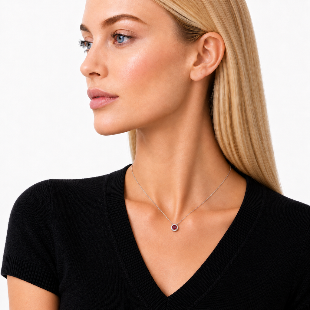 Model Wearing 0.5ct Red Moissanite Halo Necklace in Sterling Silver by Knightley