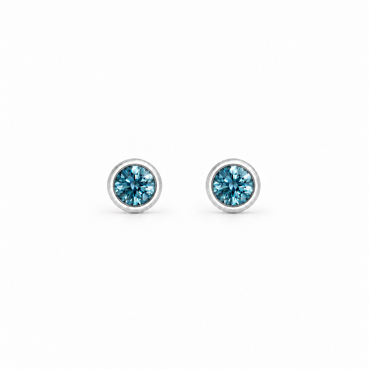 0.5ct Teal Blue Bezel Earrings in platinum setting, by Knightley