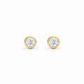 A pair of round-cut moissanite stud earrings in yellow gold bezel settings, by knightley