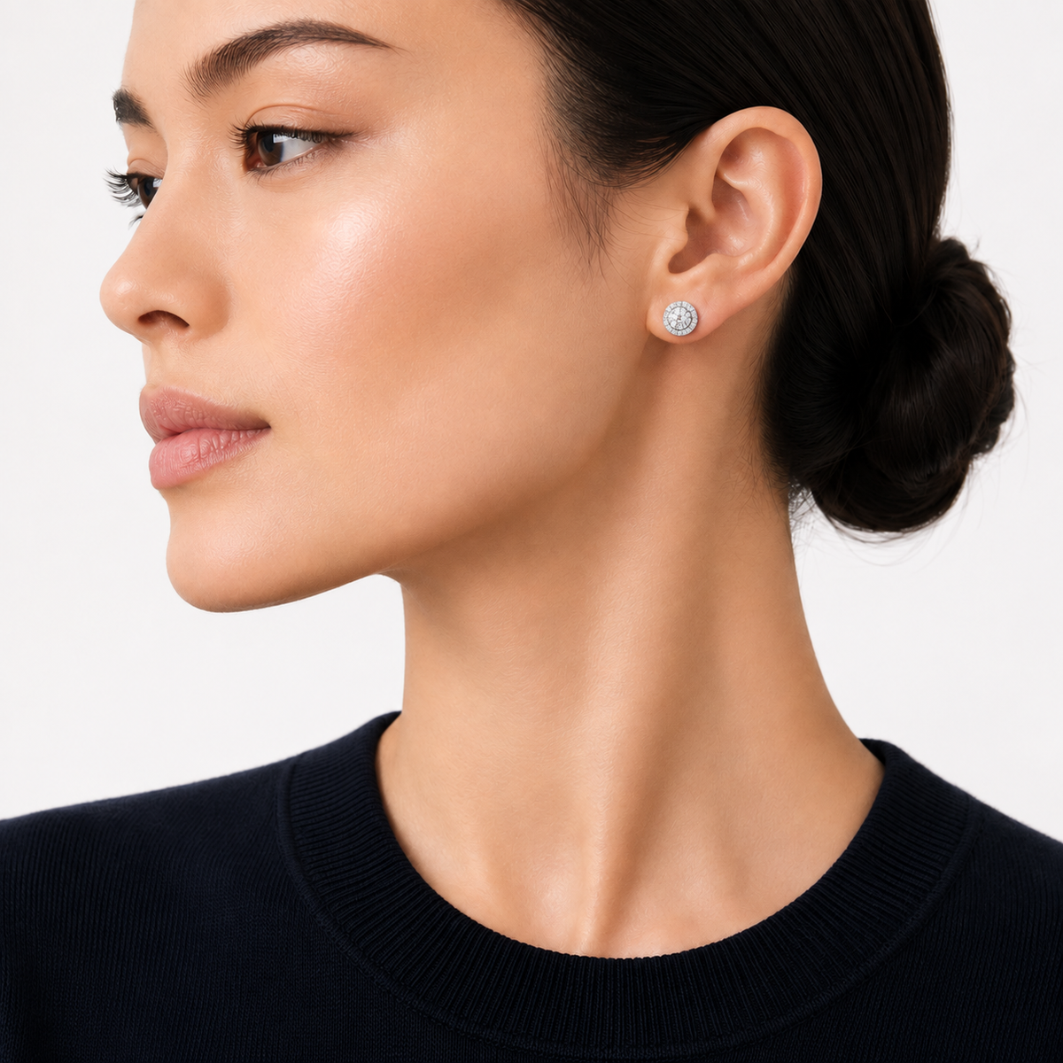 1ct Moissanite Halo Stud Earrings, white gold plated sterling silver, on model 