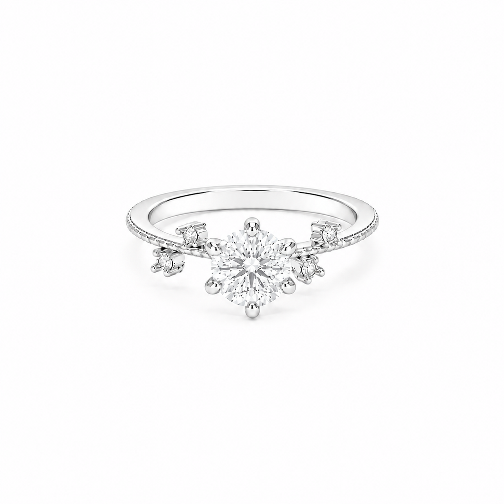 1ct Moissanite Side Stone Solitaire Ring, platinum plated sterling silver