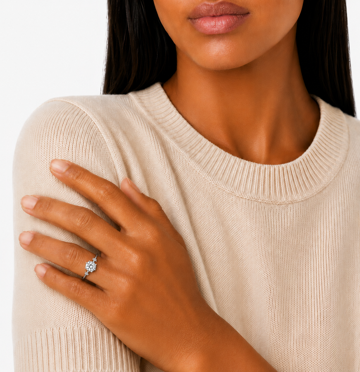 1ct Moissanite Side Stone Solitaire Ring, platinum plated sterling silver, on model 