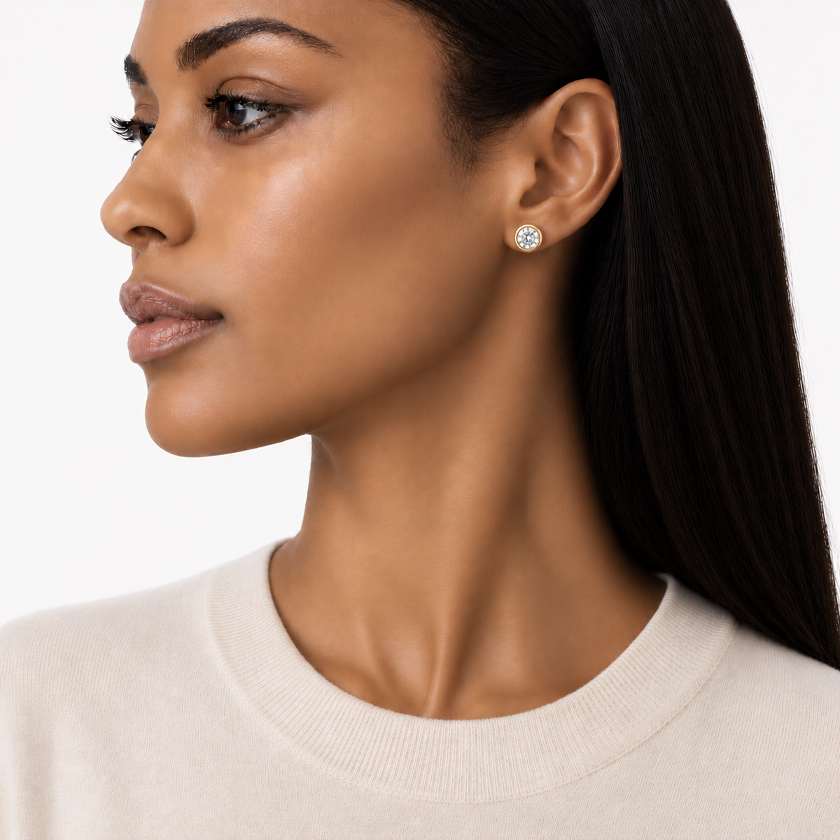 1ct Moissanite Gold Bezel Stud Earrings On model, yellow gold plated sterling silver, by knightley