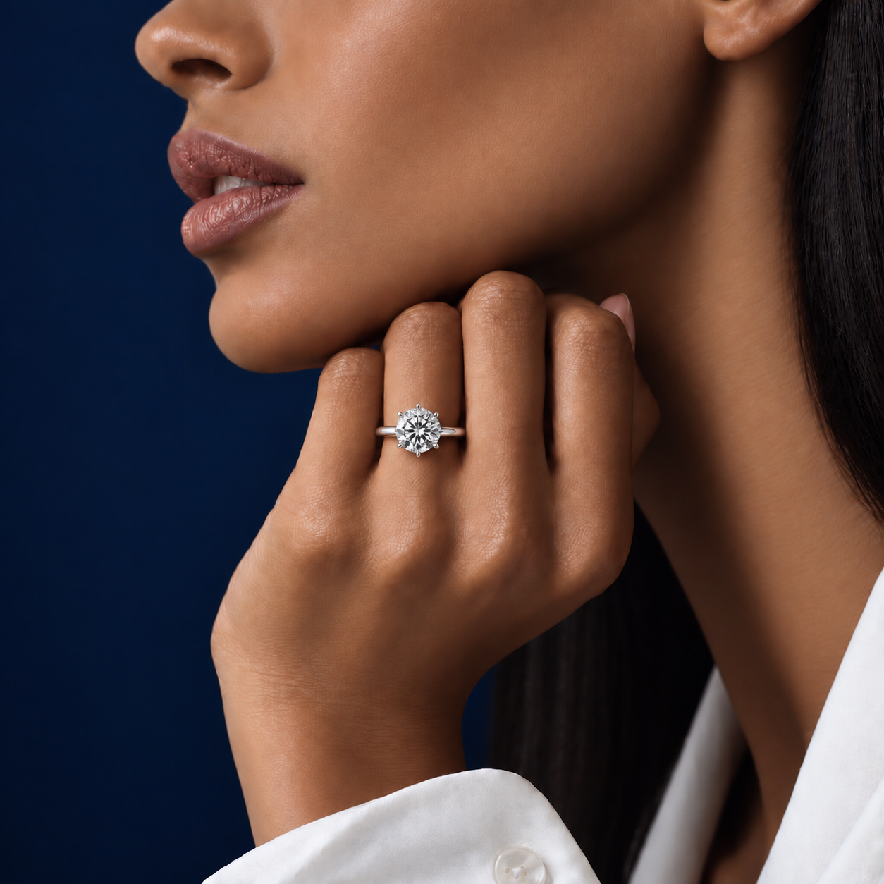 model wearing 6 prong 2ct moissanite ring in sterling silver, by knightley