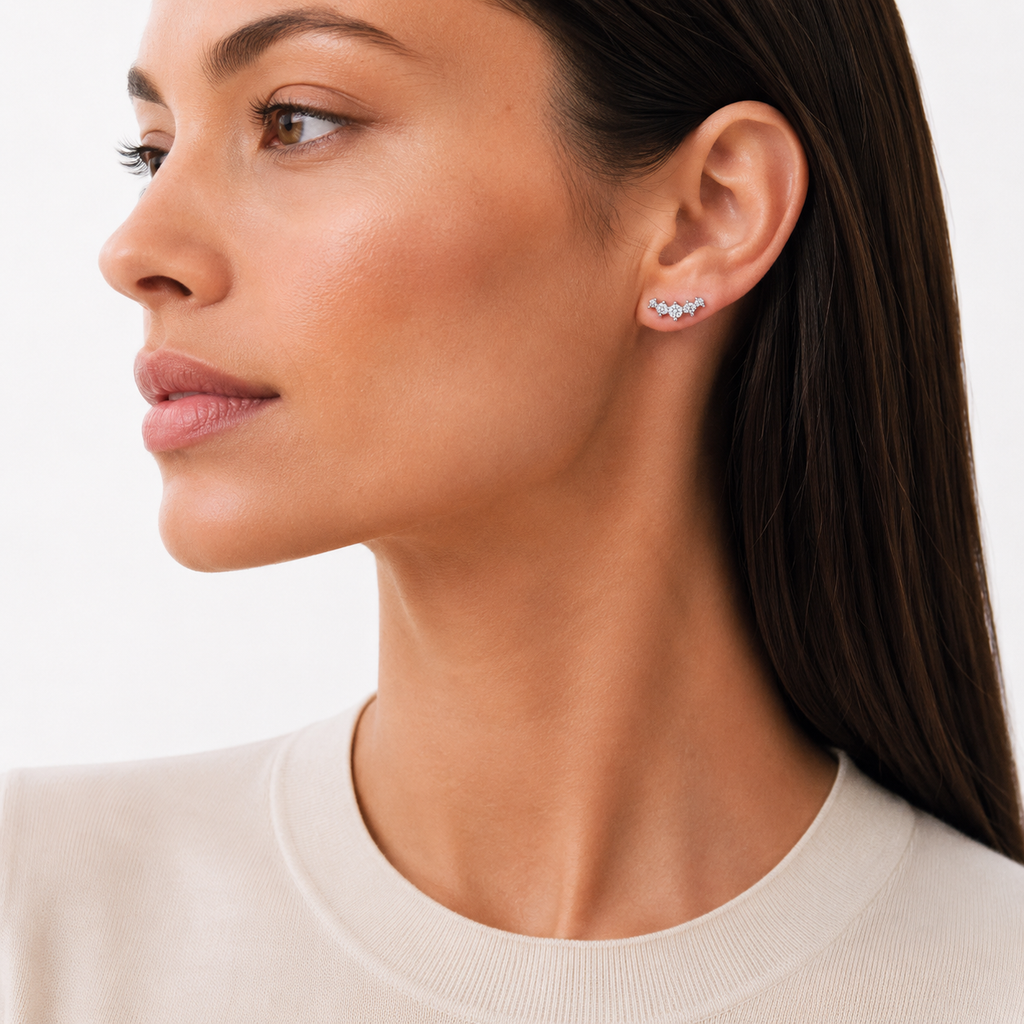 model wears 5 stone moissanite Climber Earrings, sterling silver