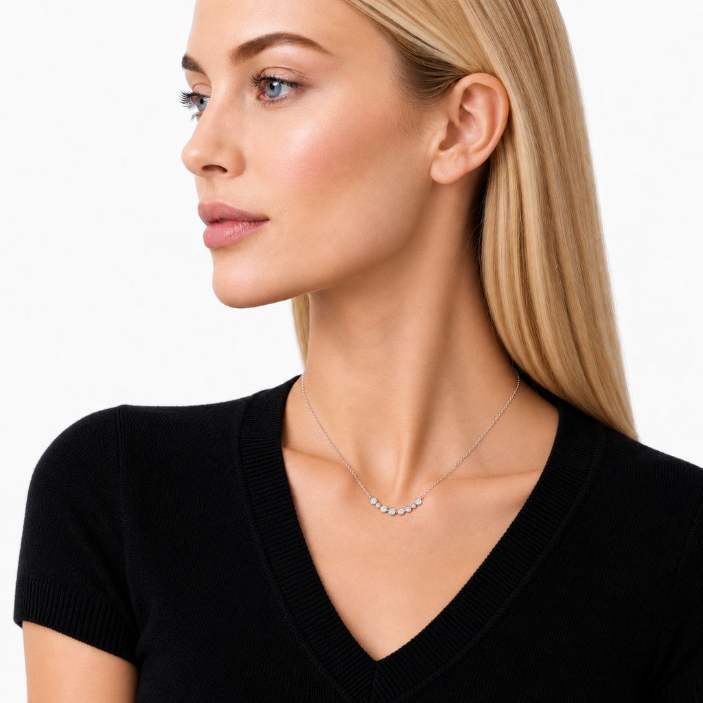 Model wearing moissanite Bezel Bar Necklace in sterling silver, by Knightley