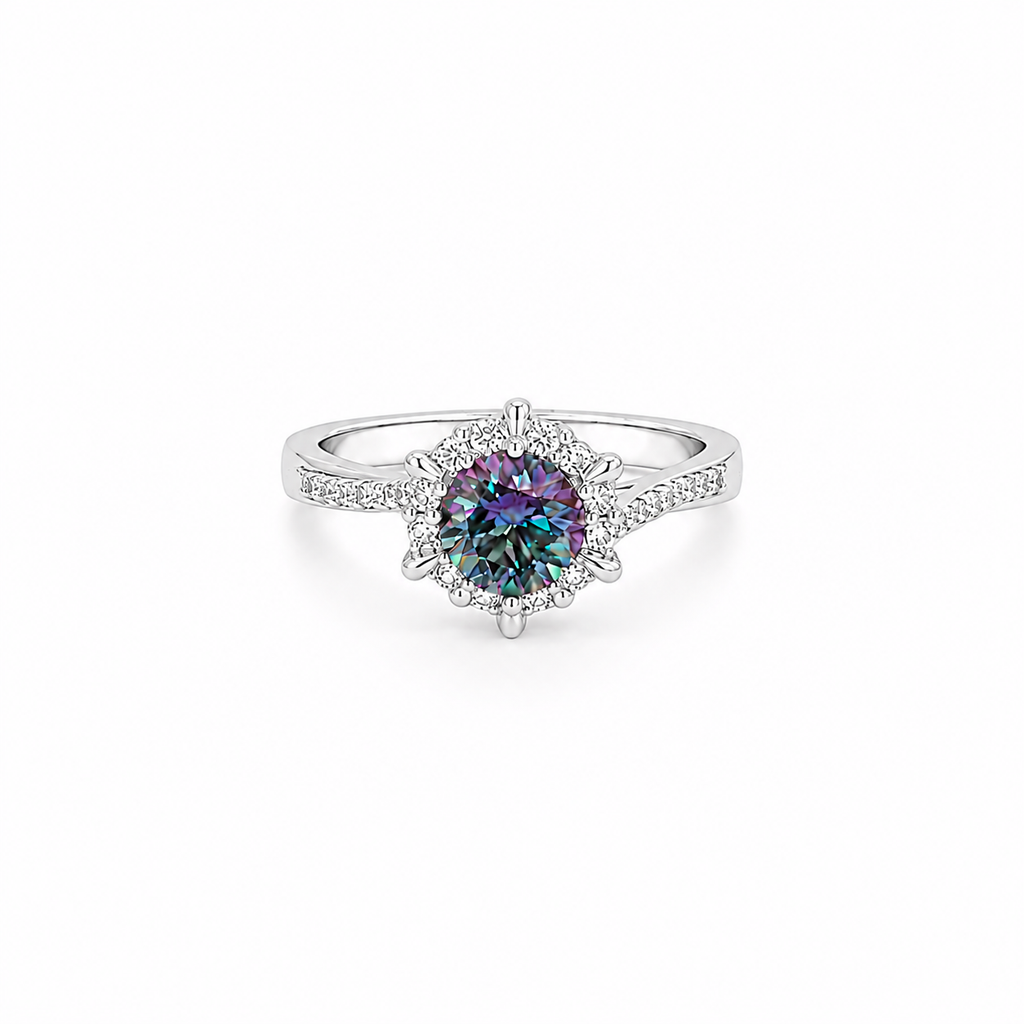 Blue Moissanite Halo Ring, platinum plated sterling silver