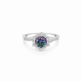 Blue Moissanite Halo Ring, platinum plated sterling silver