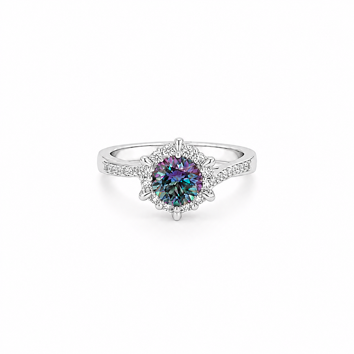 Blue Moissanite Halo Ring, platinum plated sterling silver