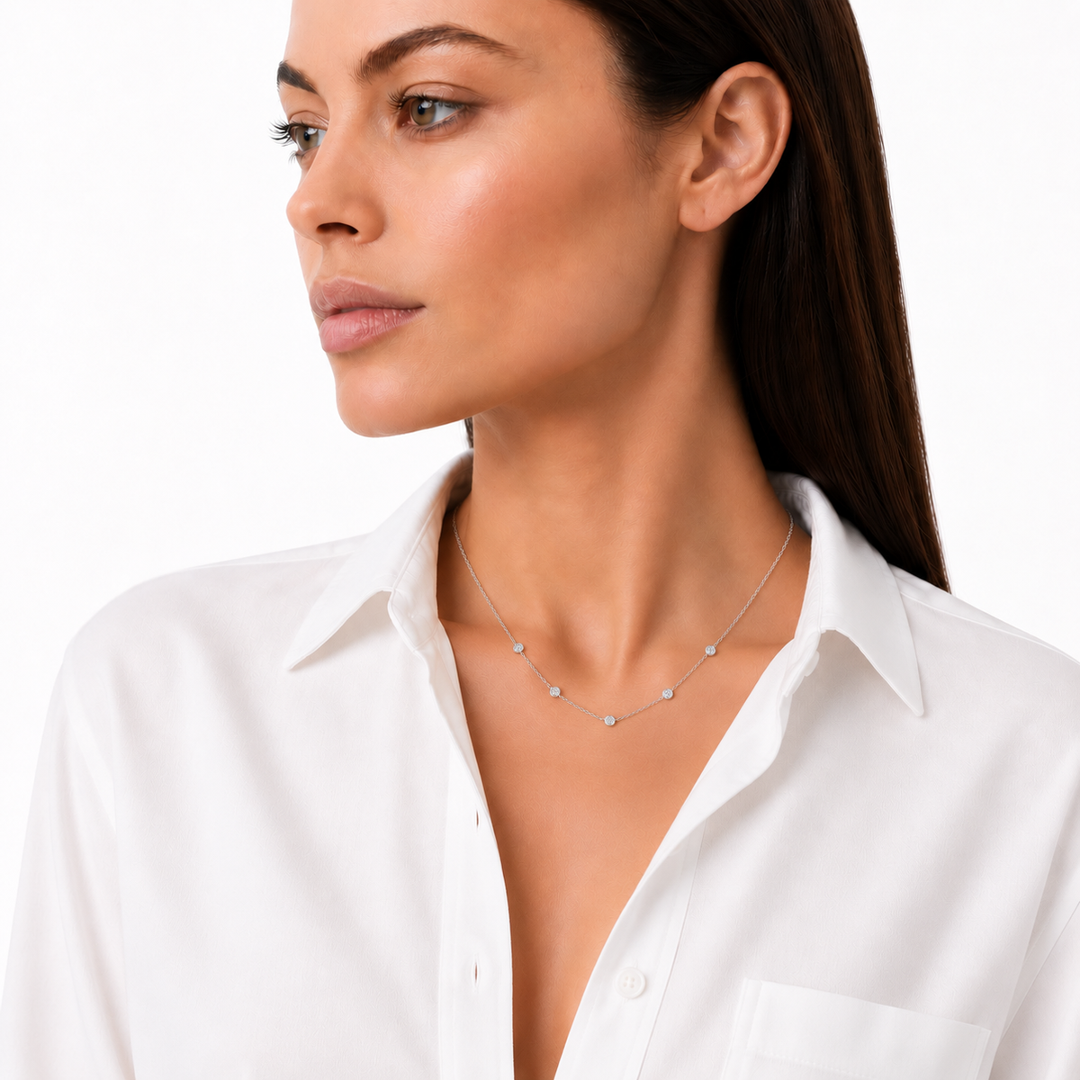 Model Wearing Five Stone Bezel Necklace in Sterling Silver by Knightley
