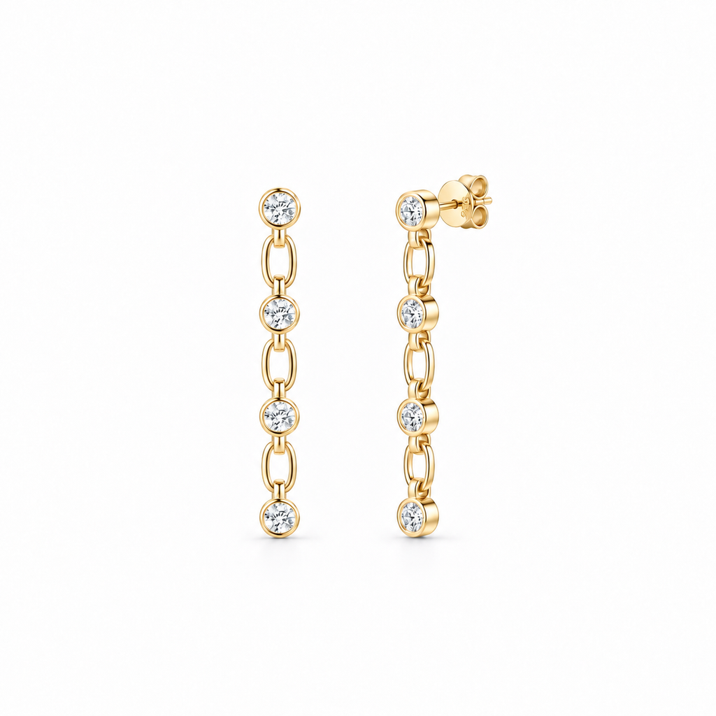 Gold Bezel Link Drop Earrings with moissanite, gold plated sterling silver, by knightley