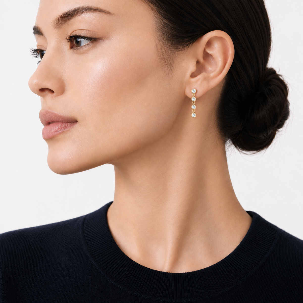 Model wearing moissanite Gold Bezel Link Drop Earrings, gold plated sterling silver, by Knightley