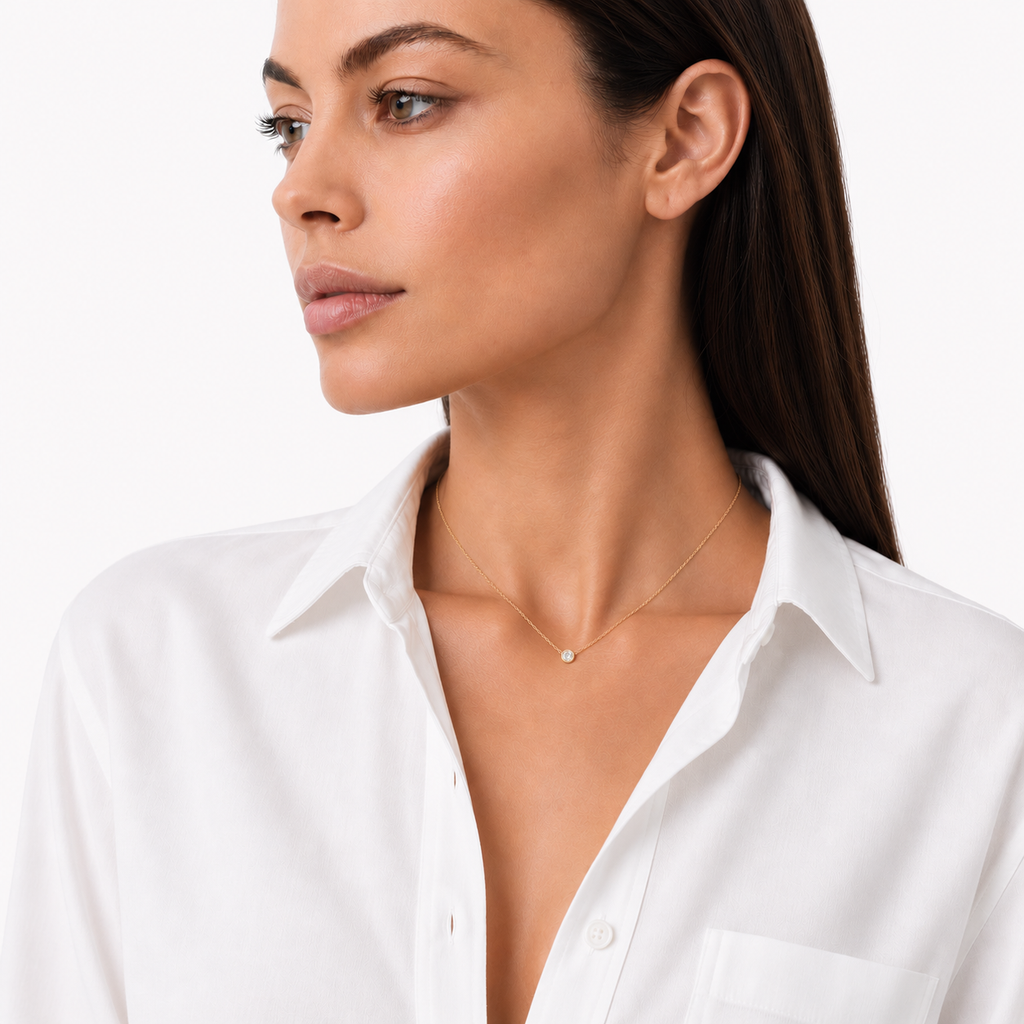 Model wearing moissanite Gold Bijou Bezel Necklace, By Knightley