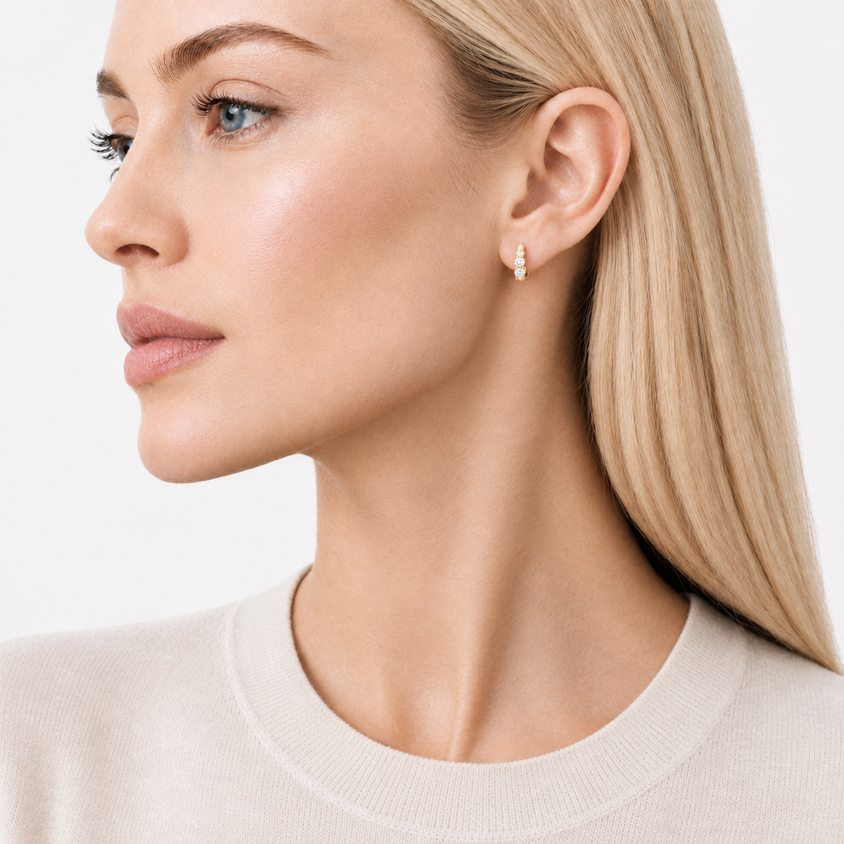 Gold Four Stone Huggie Earrings with moissanite in gold plated sterling silver, by knightley