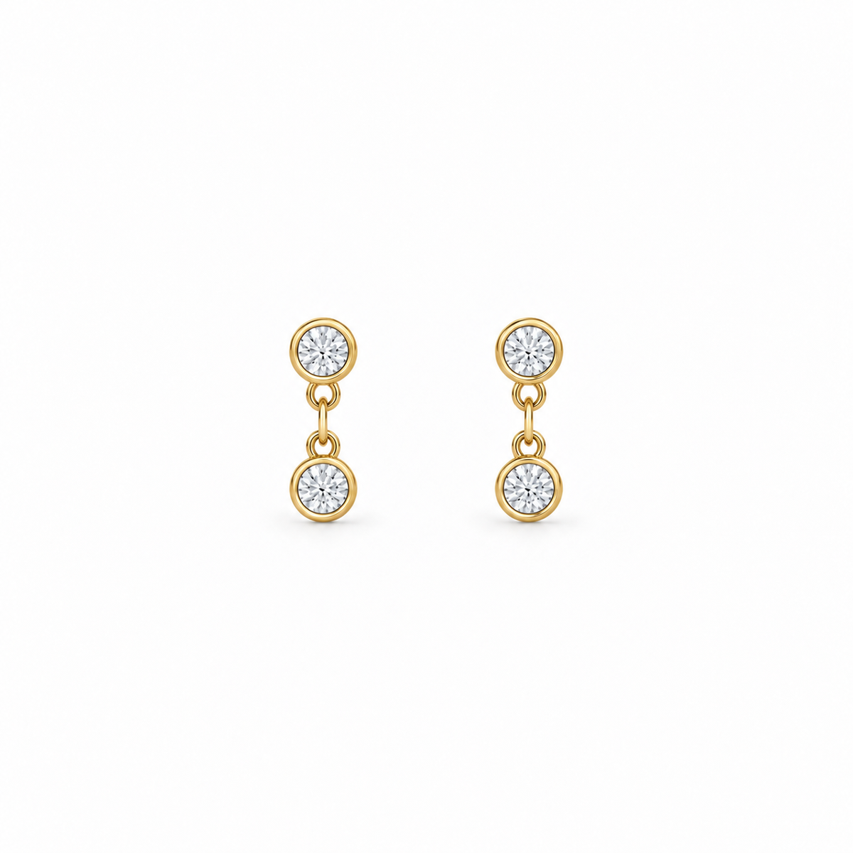Gold Petite Bezel Drop Earrings with moissanite. 