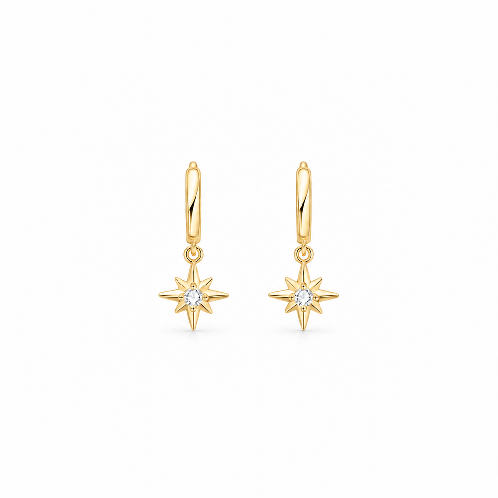 gold huggies with stars hanging / dangling from them, with moissanite by Knightley