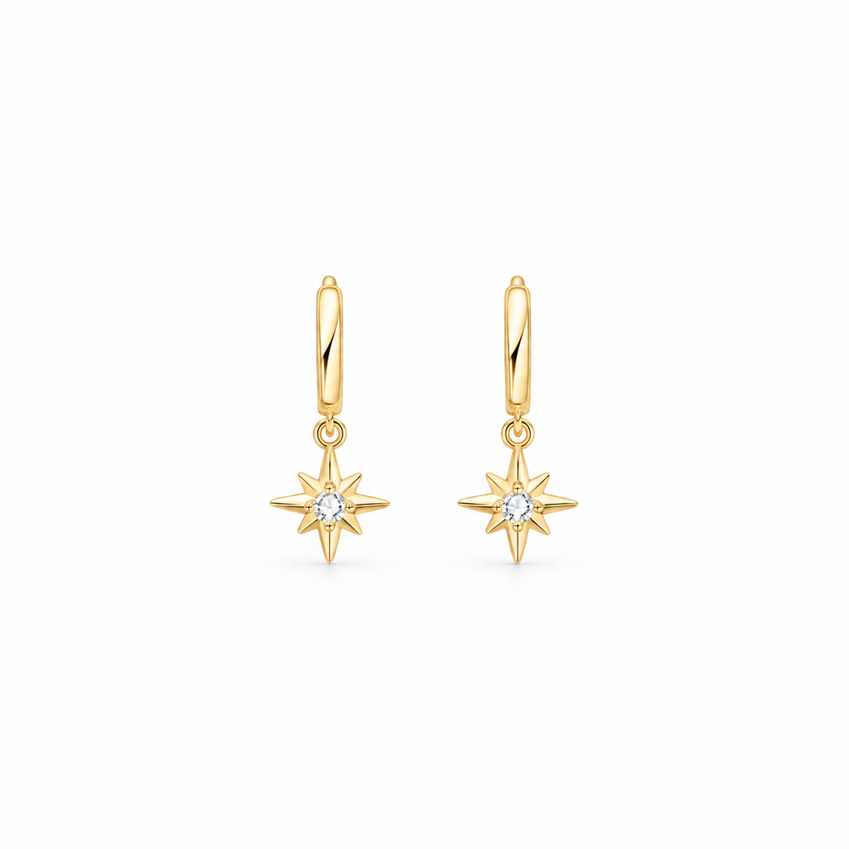 gold huggies with stars hanging / dangling from them, with moissanite by Knightley