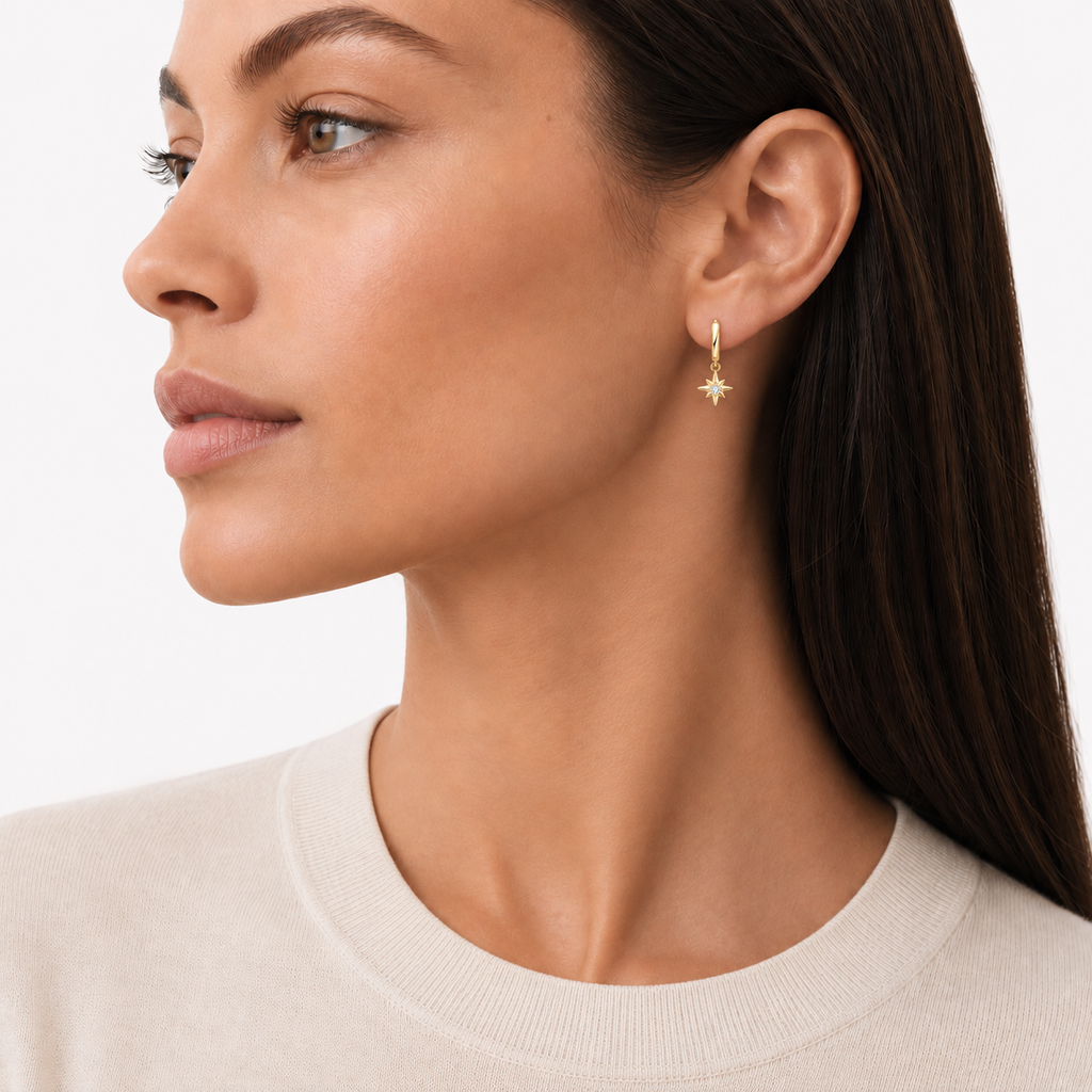 Gold Star Drop Huggie Earrings with moisanite, yellow gold plated sterling silver, by knightley