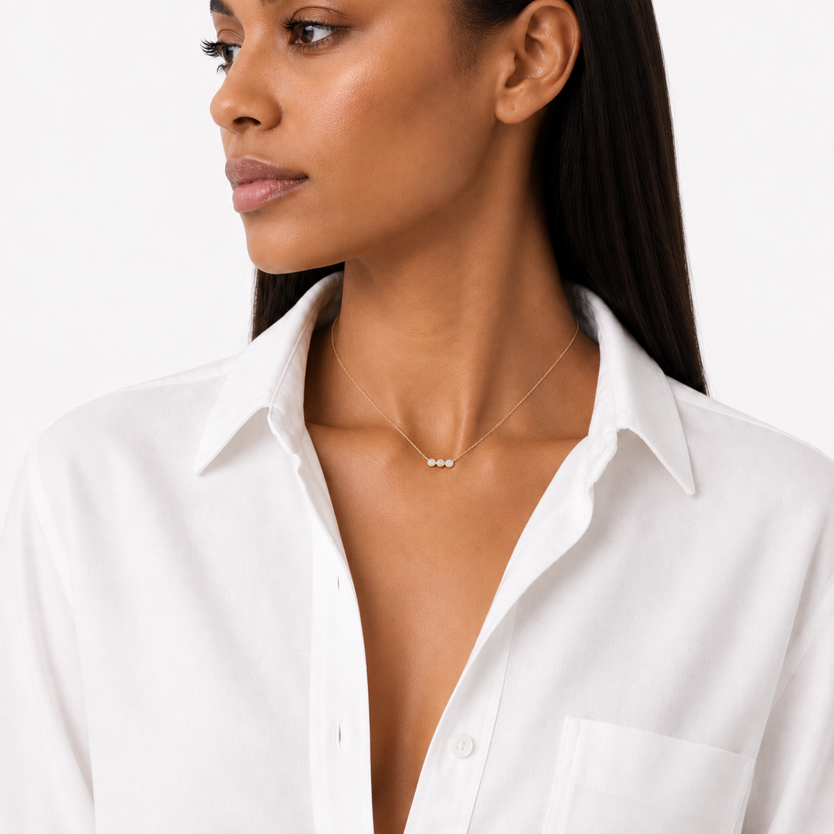Gold Trio Bezel Necklace with moissanite, yellow gold plated sterling silver, by Knightley