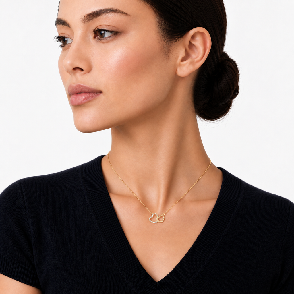 model wearing Gold Double Heart Necklace, gold plated sterling silver, by Knightley