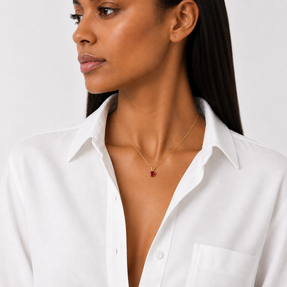 Model Wearing 1ct Red Moissanite Solitaire Pendant Necklace By Knightley