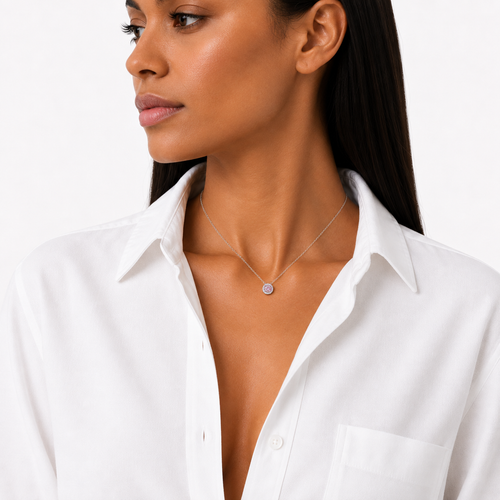 Model Wearing 0.5ct Pink Moissanite Halo Necklace in Sterling Silver by Knightley