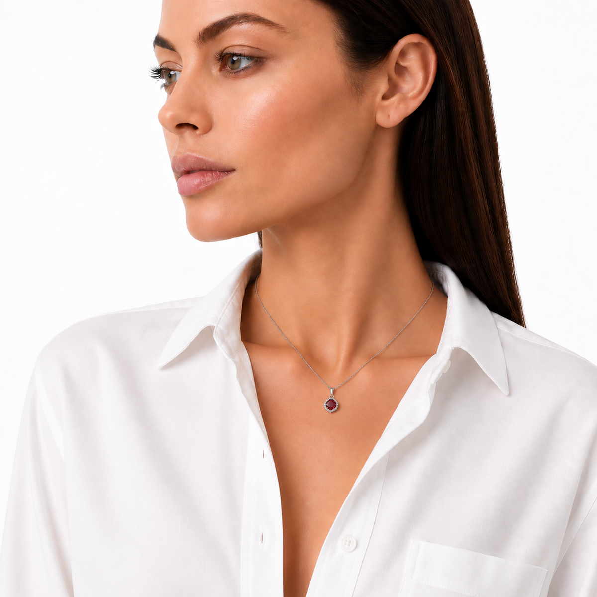 Model wearing 1ct Red Moissanite Halo Necklace in sterling silver by Knightley