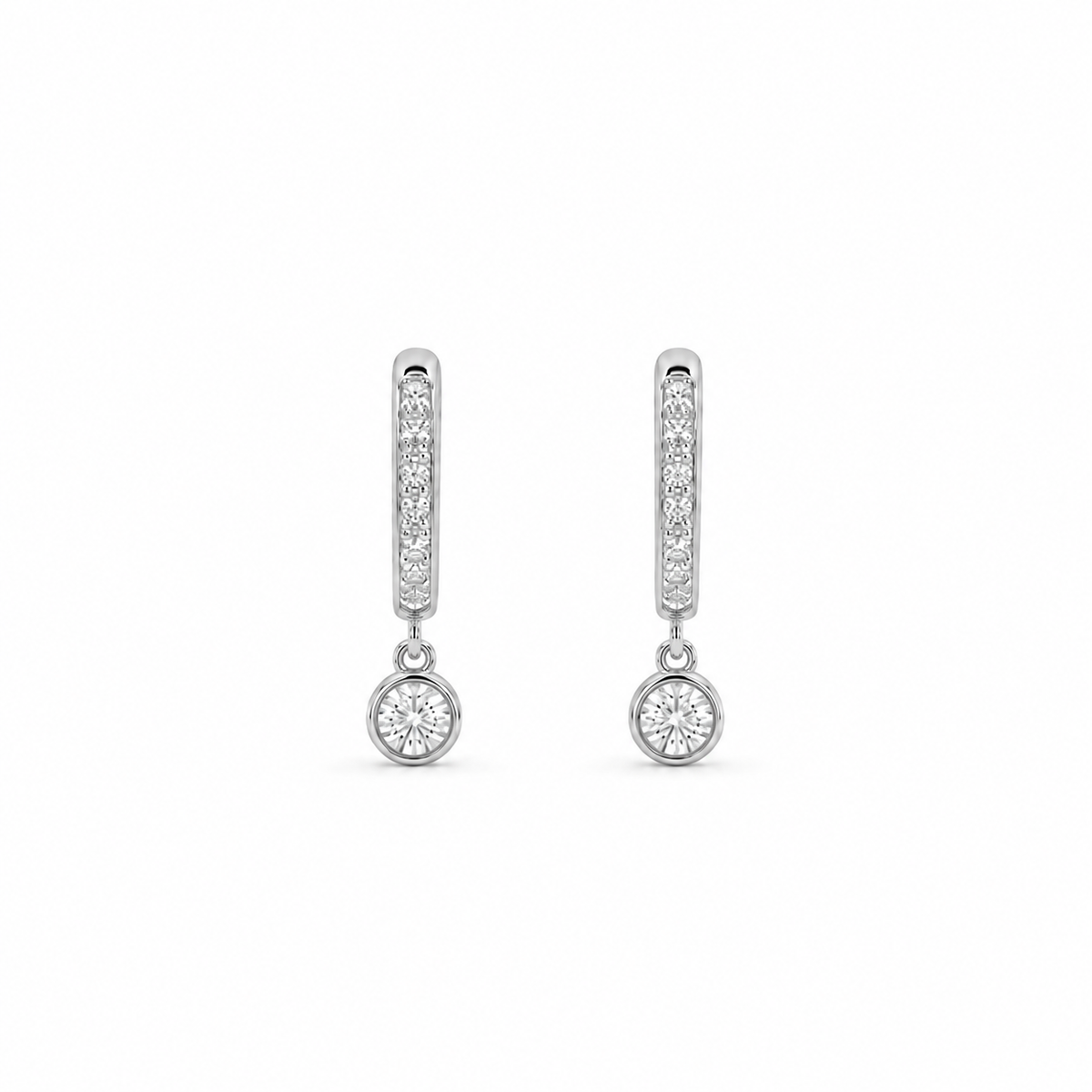 Moissanite Bezel Drop Huggie Earrings, sterling silver