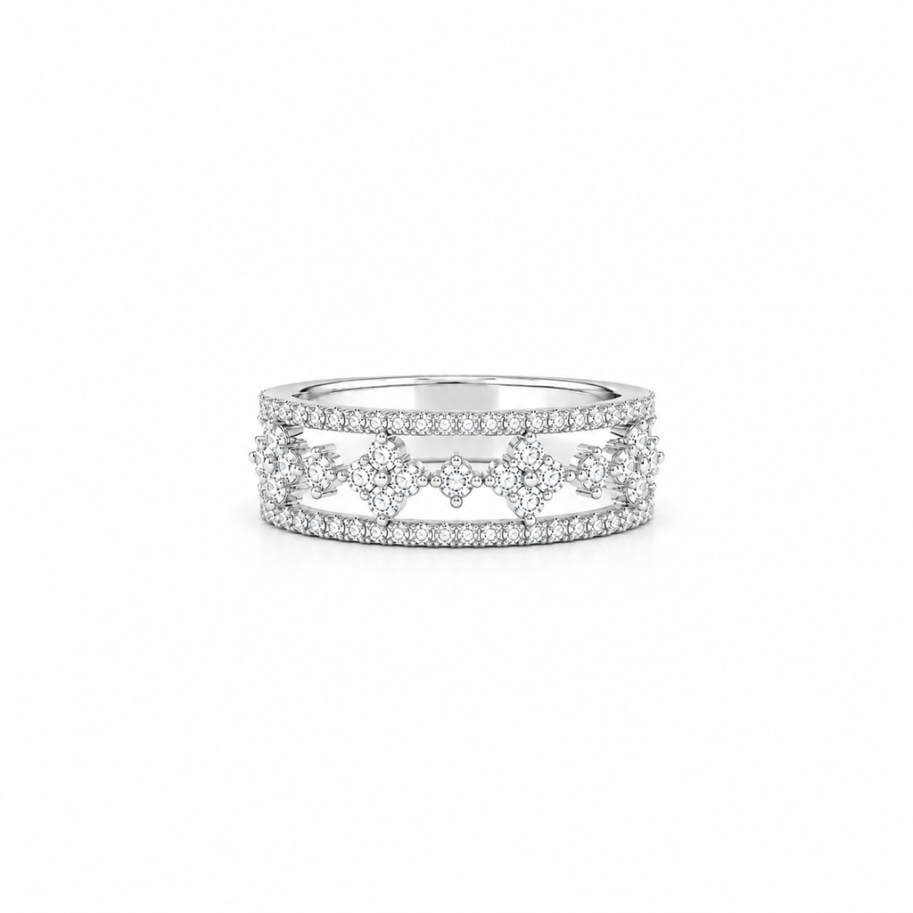 Moissanite Clover Floral Band Ring, platinum plated sterling silver