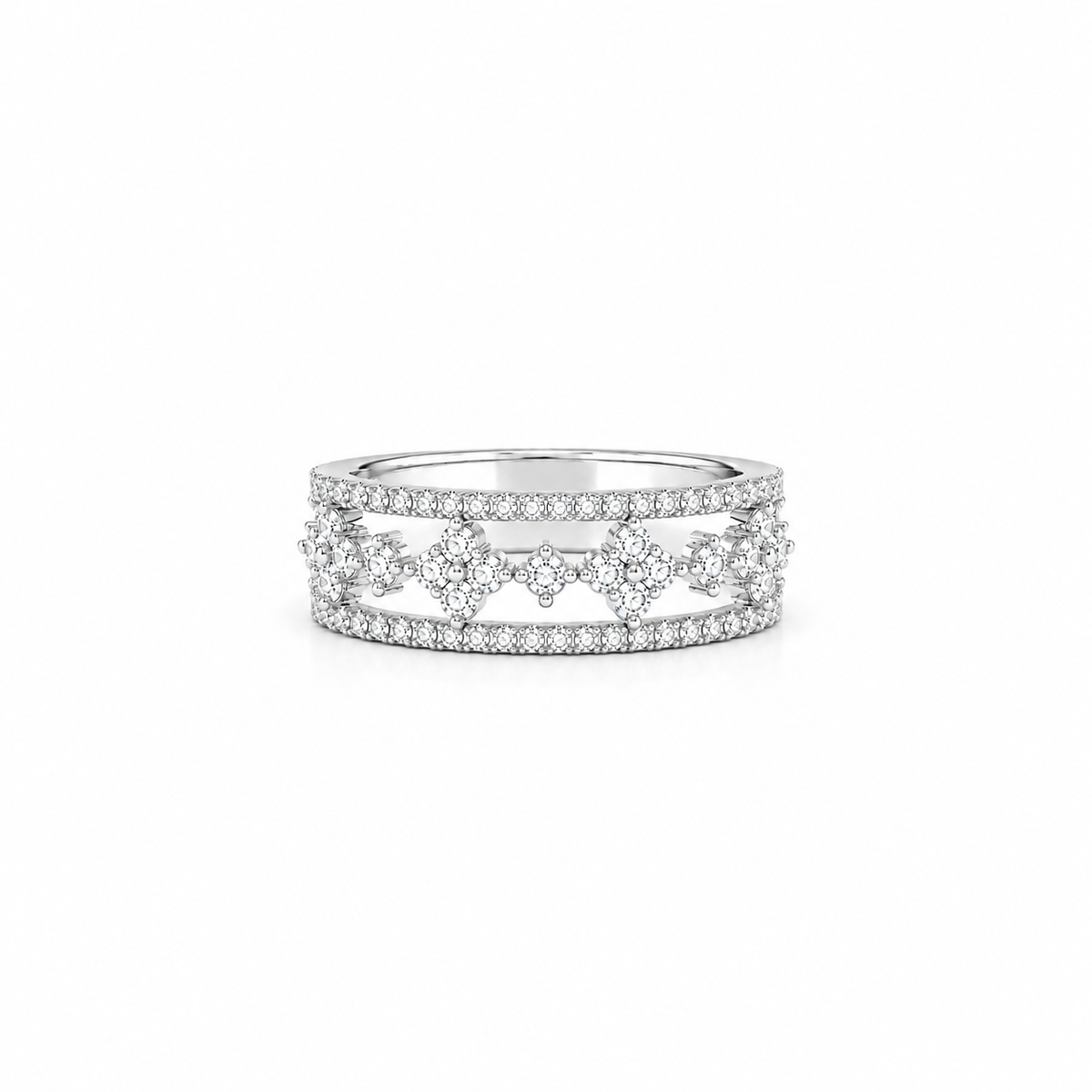 Moissanite Clover Floral Band Ring, platinum plated sterling silver