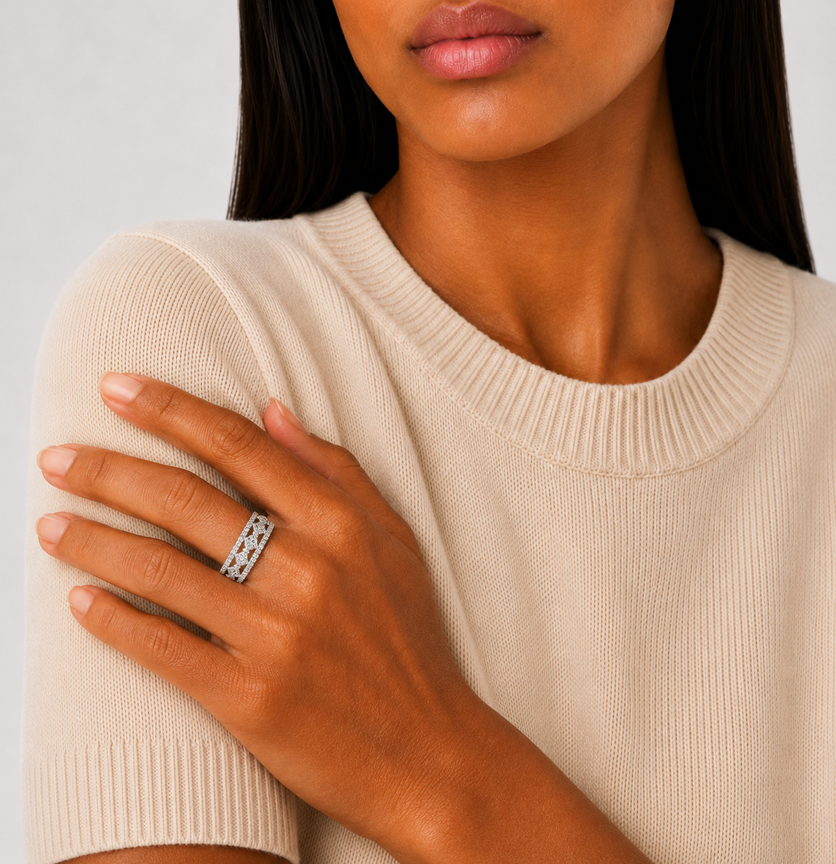 Moissanite Clover Floral Band Ring, platinum plated sterling silver, on model 