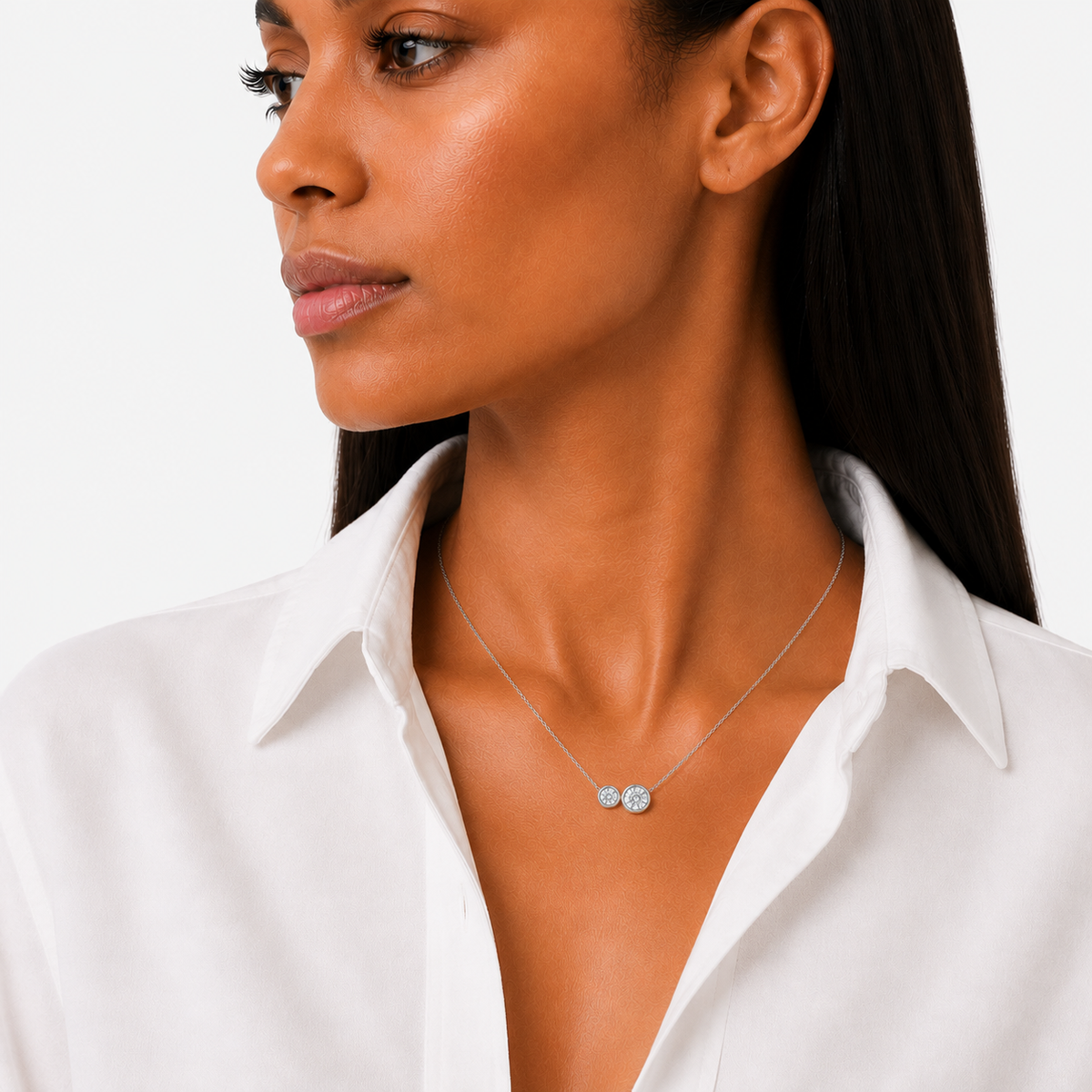 Moissanite Double Bezel Necklace, sterling silver, on model 
