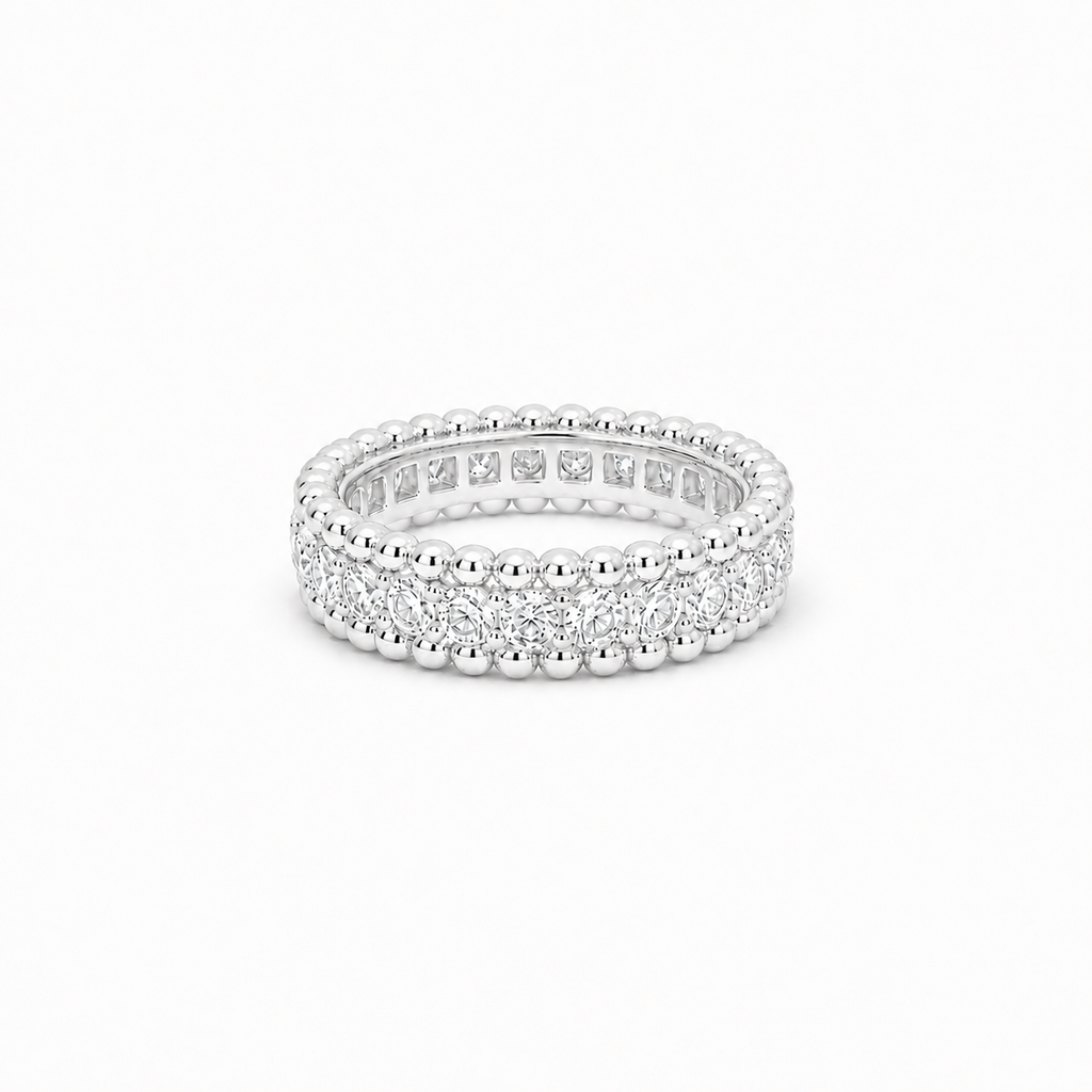 Moissanite Eternity Band Ring, platinum plated sterling silver