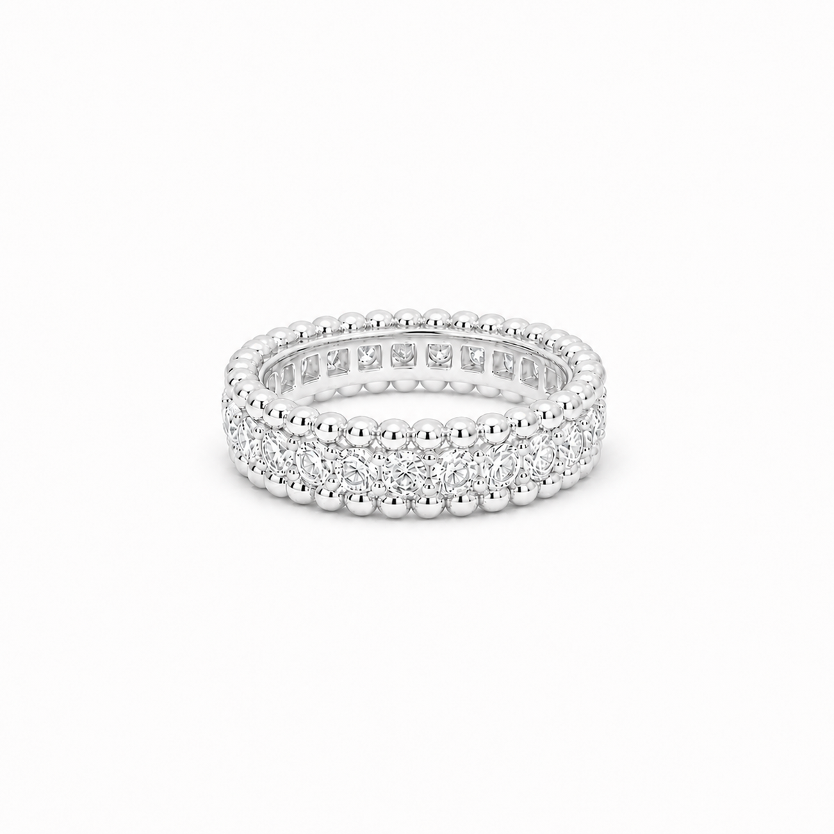 Moissanite Eternity Band Ring, platinum plated sterling silver