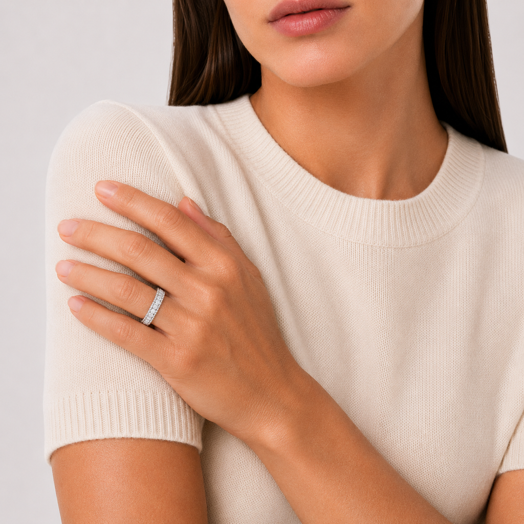 model wears Moissanite Eternity Band Ring, platinum plated sterling silver