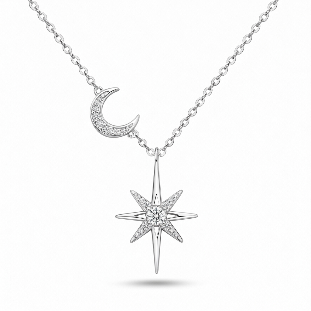 Moissanite North Star & Moon Necklace, sterling silver