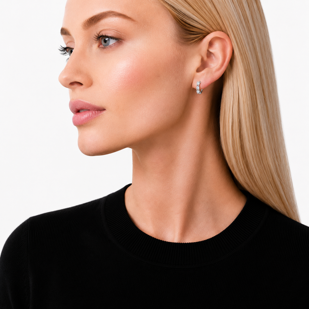 model wears Moissanite Trio Huggie Hoops, sterling silver