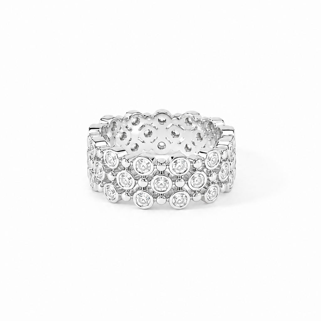 Moissanite Triple Row Bezel Band Ring, platinum plated sterling silver