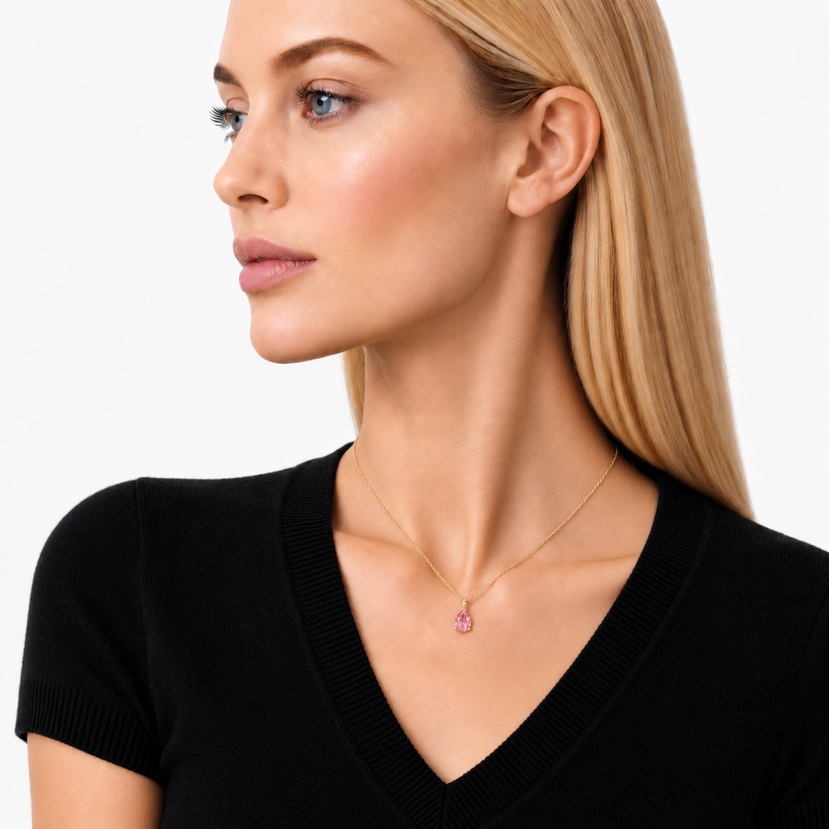Model Wearing Pink Pear Cut Pendant Necklace