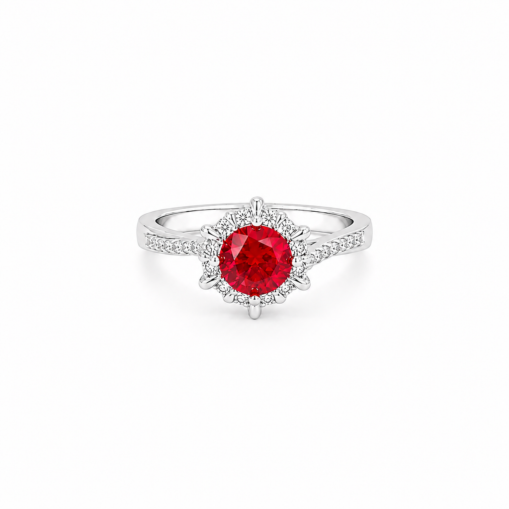 Red Moissanite Halo Ring, platinum plated sterling silver