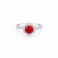 Red Moissanite Halo Ring, platinum plated sterling silver