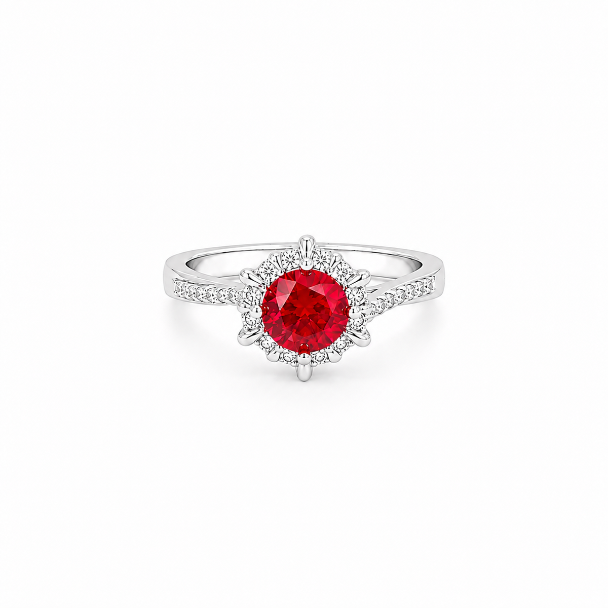 Red Moissanite Halo Ring, platinum plated sterling silver