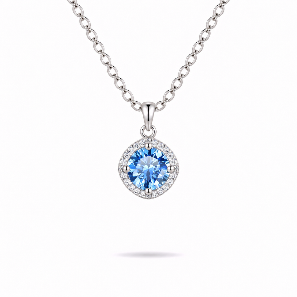 1ct Blue Halo Necklace in silver, by Knightley