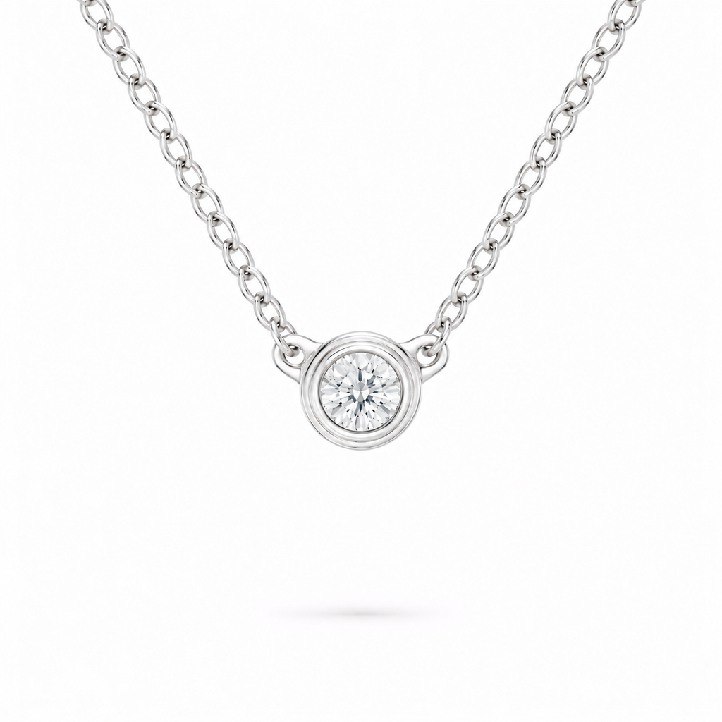 silver bezel necklace in sterling silver with moissanite, By Knightley
